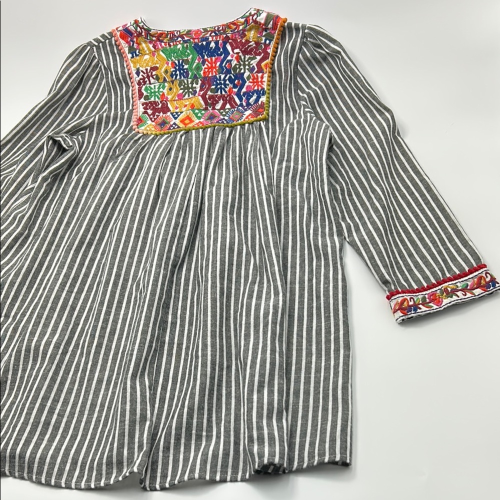 Velzera Embroidered Boho Tunic Gray Striped Pom Pom Blouse Lagenlook Top Small - Picture 13 of 15